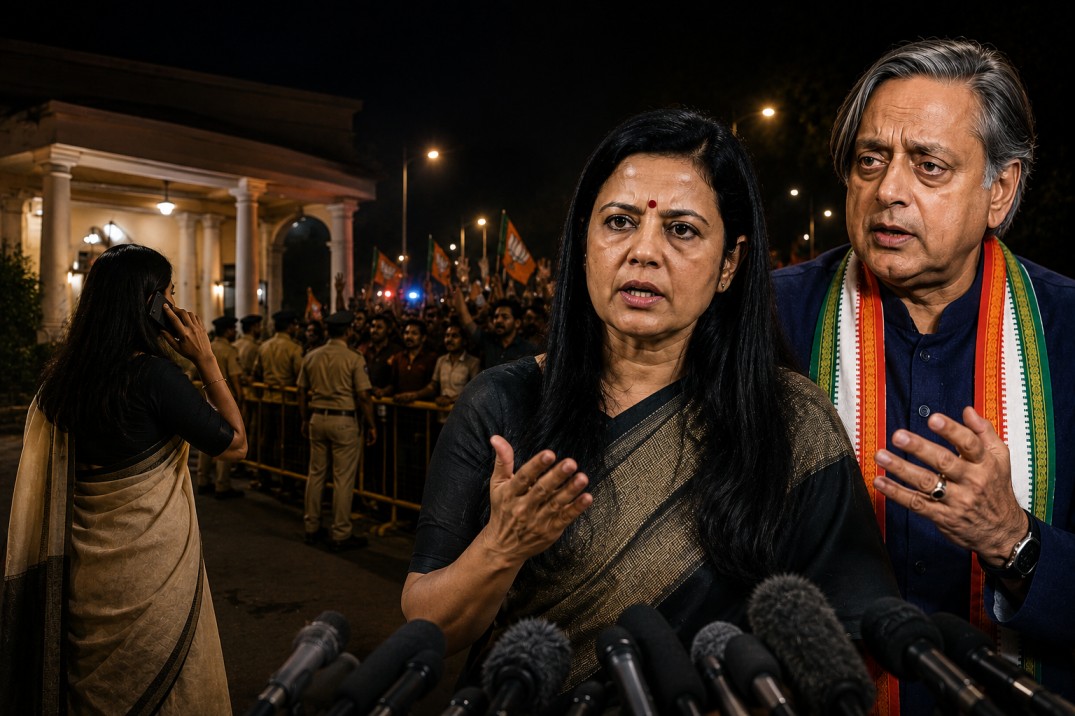 বাইরে উন্মত্ত জনতা, রাতে ঘর ছাড়ার নির্দেশ’: মহুয়া মৈত্রের পাশে শশী থারুর