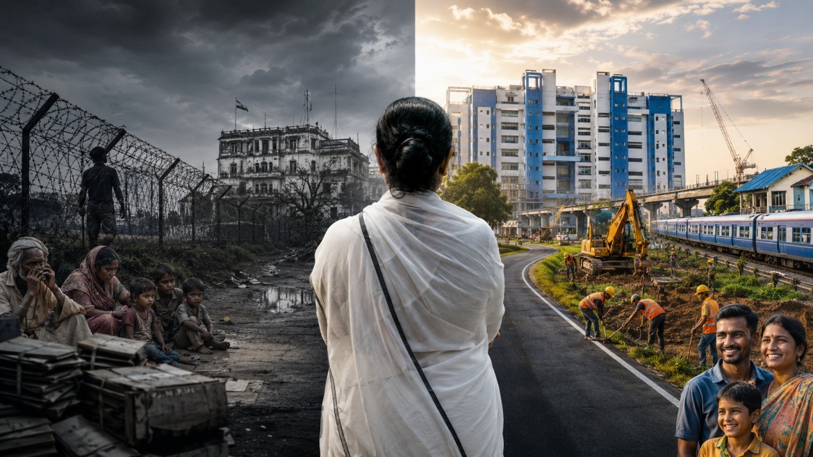 পেছন ফিরে দাঁড়ানো সাদা শাড়ির এক নারী; দুই পাশে কাঁটাতারঘেরা দুর্দশা ও নির্মাণকাজের বিপরীত প্রতীকী দৃশ্য।