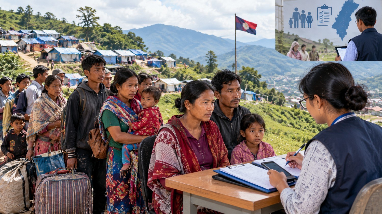 মিজোরামের পাহাড়ি শরণার্থী শিবিরে মায়ানমার ও বাংলাদেশ থেকে আসা আশ্রিত পরিবারের তথ্য নথিভুক্ত করার প্রতীকী ছবি