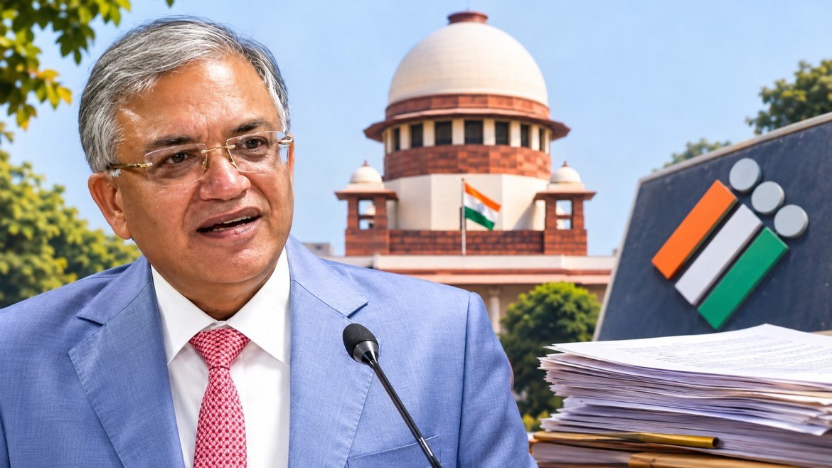 প্রধান নির্বাচন কমিশনার জ্ঞানেশ কুমারের প্রতিকৃতি, নেপথ্যে সুপ্রিম কোর্ট ও নির্বাচন কমিশনের প্রতীক। যৌথ হলফনামা ঘিরে বিতর্ক।