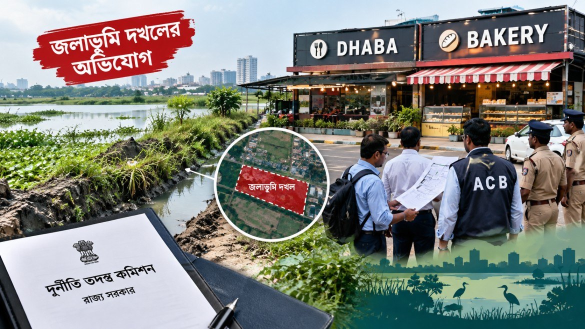 কলকাতার ই এম বাইপাসের ধারে জলাভূমি ও নিকাশি খাল দখলের অভিযোগে ধাবা ও বেকারিতে দুর্নীতি তদন্ত কমিশনের পরিদর্শনের প্রতীকী ছবি।