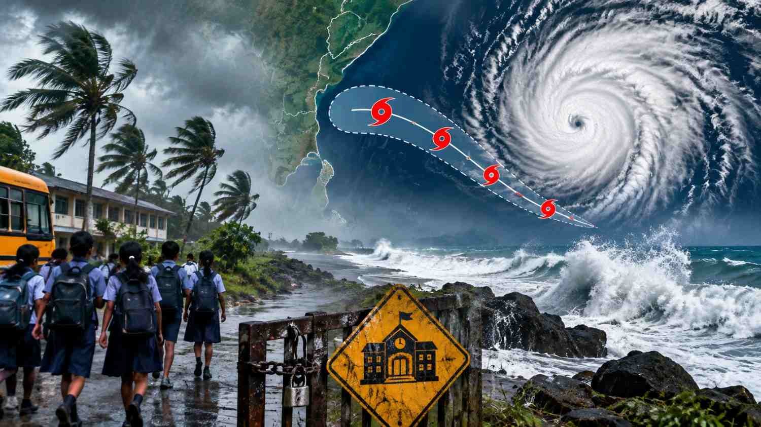 প্রতীকী ছবি: ঘূর্ণিঝড়ের আশঙ্কায় উত্তাল সমুদ্র, উপকূলে প্রবল ঝড় ও স্কুল বন্ধের দৃশ্য।