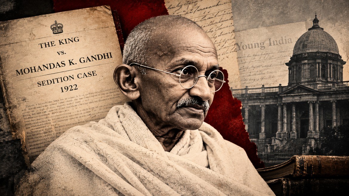 ১৯২২ সালের রাষ্ট্রদ্রোহ মামলার প্রেক্ষাপটে মহাত্মা গান্ধীর প্রতিকৃতি, আদালতের নথি ও ইয়ং ইন্ডিয়ার প্রতীকী প্রচ্ছদ।