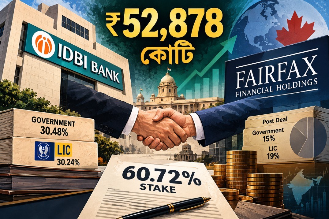 ৫২,৮৭৮ কোটি টাকায় আইডিবিআই ব্যাঙ্কের ৬০.৭২ শতাংশ শেয়ার ফেয়ারফ্যাক্সের হাতে তুলে দেওয়ার প্রস্তাবে কেন্দ্রের অনুমোদন। ভারতের আর্থিক ক্ষেত্রে বৃহত্তম বিদেশি বিনিয়োগের পথে আইডিবিআই।