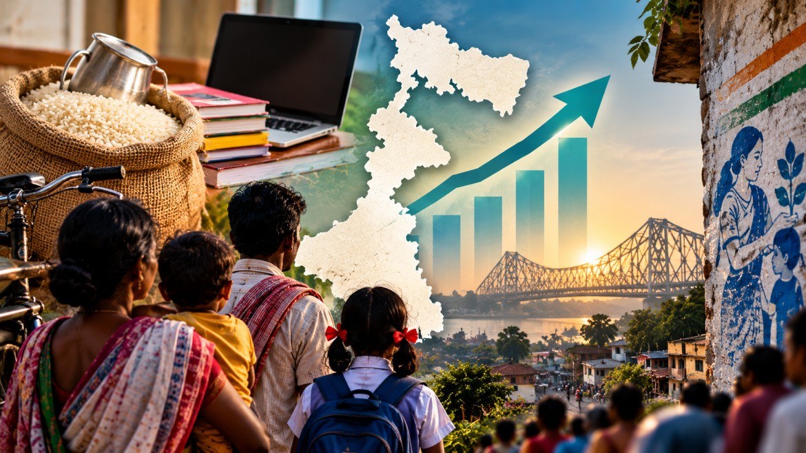 পশ্চিমবঙ্গে সরকারি কল্যাণমূলক প্রকল্পের সুফলে জীবনমানের উন্নতির প্রতীকী চিত্র। রাজ্যের মানচিত্র, ঊর্ধ্বমুখী গ্রাফ, খাদ্যশস্য, শিক্ষাসামগ্রী এবং সাধারণ পরিবারের উপস্থিতি।