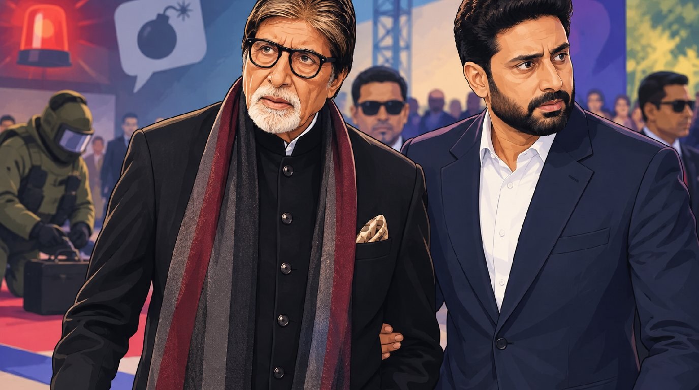Despite a bomb threat and his own ill health, Amitabh made an appearance at the event on Sunday, accompanied by Abhishek. 
