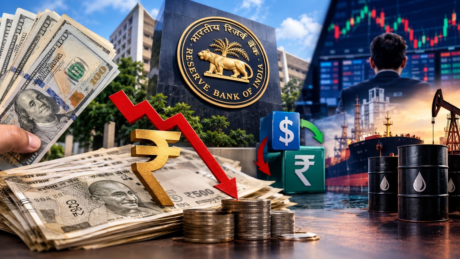 ডলারের তুলনায় টাকার দরপতন এবং মুদ্রাবাজারের চাপ সামলাতে রিজার্ভ ব্যাঙ্কের কড়া পদক্ষেপের প্রতীকী চিত্র।