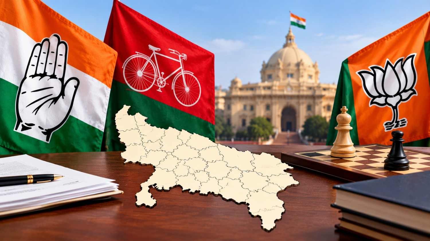 প্রতীকী ছবি: উত্তরপ্রদেশে আসন সমঝোতা নিয়ে কংগ্রেস, সমাজবাদী পার্টি ও বিজেপির প্রতীক, রাজ্যের মানচিত্র এবং দাবার ছকের মাধ্যমে রাজনৈতিক দরকষাকষির ইঙ্গিত।