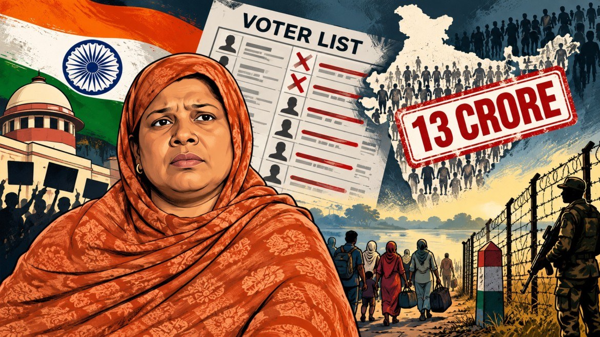 এসআইআরে ভোটার তালিকা থেকে ১৩ কোটি নাম বাদ পড়ার দাবি এবং নাগরিকত্ব হারানোর আতঙ্ক নিয়ে প্রতীকী প্রচ্ছদ। শাহিদা ফকিরের ছবির আদলে তৈরি প্রতিকৃতি, পিছনে ভারতীয় পতাকা, নাম কাটা ভোটার তালিকা, ভারতের মানচিত্র এবং সীমান্তে কাঁটাতারের বেড়া।