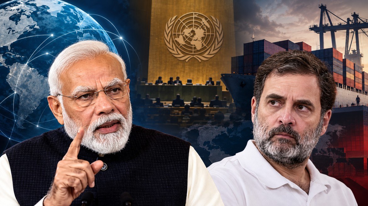 প্রধানমন্ত্রী নরেন্দ্র মোদী ও কংগ্রেস নেতা রাহুল গান্ধীর প্রতিকৃতি। পটভূমিতে বিশ্বমানচিত্র, রাষ্ট্রপুঞ্জের প্রতীক এবং আন্তর্জাতিক বাণিজ্যের চিত্রের মাধ্যমে পরিবর্তিত বিশ্বব্যবস্থা ও রাজনৈতিক বিতর্ক তুলে ধরা হয়েছে।