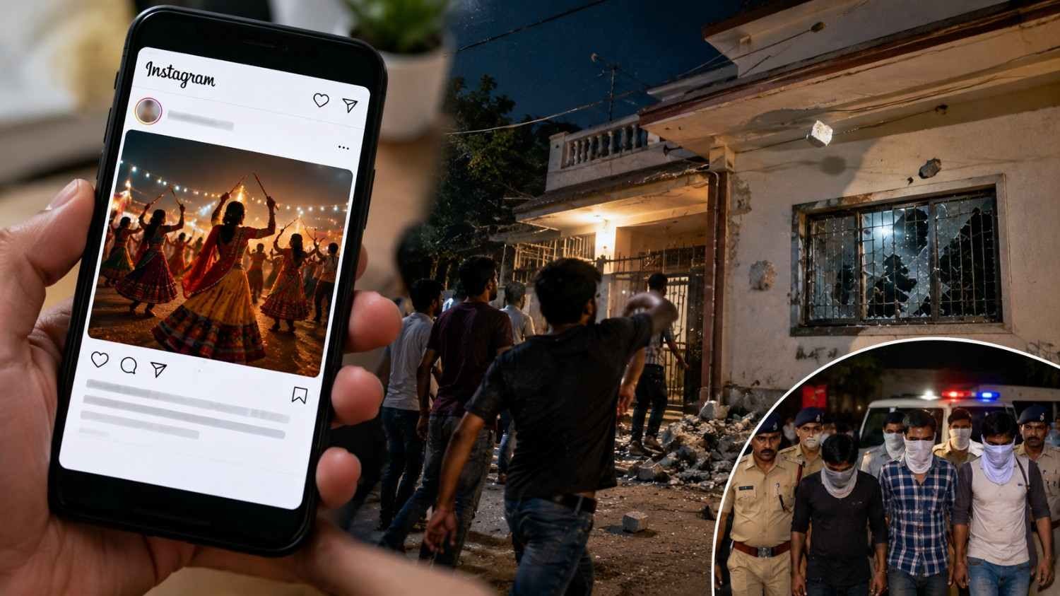 প্রতীকী ছবি: নবরাত্রির ইনস্টাগ্রাম পোস্টকে কেন্দ্র করে বাড়িতে পাথর ছোড়ার ঘটনা ও পুলিশের হাতে অভিযুক্তদের গ্রেফতারের দৃশ্য।