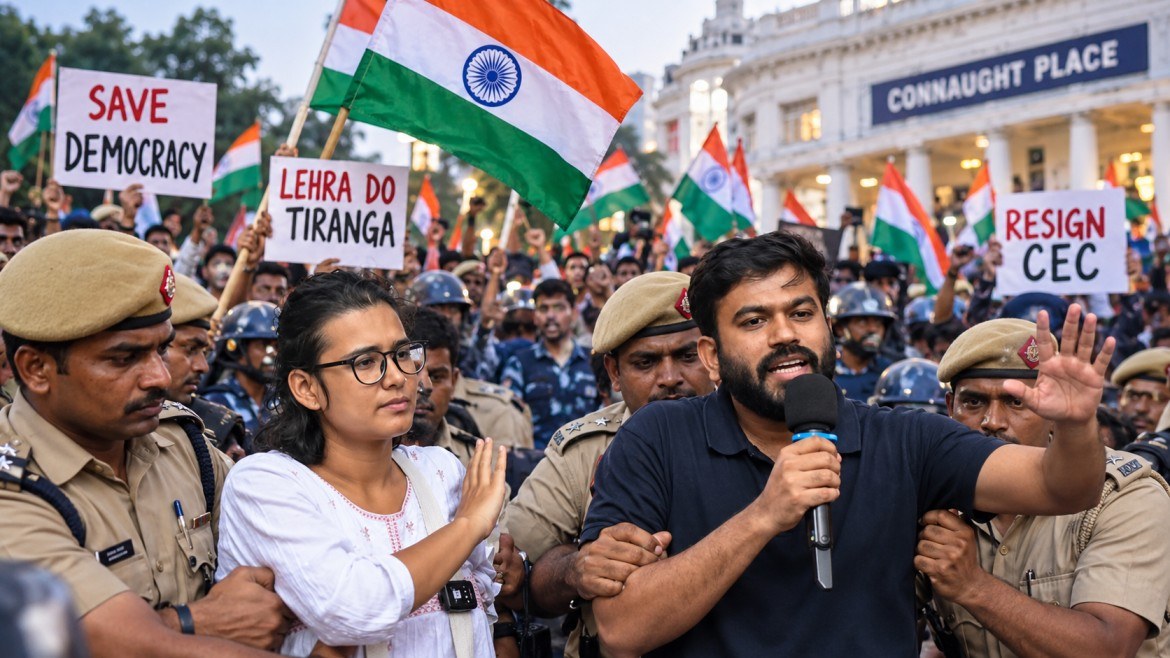 দিল্লির কনট প্লেসে ‘লেহরা দো তিরঙ্গা’ কর্মসূচি ঘিরে পুলিশি ধরপাকড়ের প্রতীকী চিত্র। অভিজিৎ দীপকে ও নেহা বোরার ছবির আদলে তৈরি কভারে জাতীয় পতাকা হাতে বিক্ষোভকারী, পুলিশি নিরাপত্তা এবং মুখ্য নির্বাচন কমিশনারের পদত্যাগের দাবিতে প্রতিবাদের দৃশ্য।