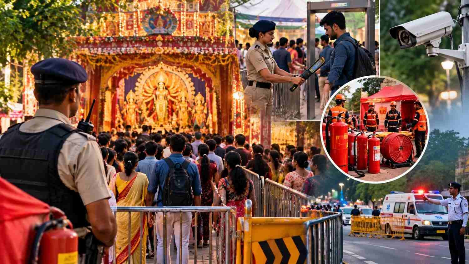 প্রতীকী ছবিঃ "দুর্গাপূজার প্যান্ডেলে নিরাপত্তা ব্যবস্থা — পুলিশ, মেটাল ডিটেক্টর, সিসি ক্যামেরা, অগ্নিনির্বাপক সিলিন্ডার এবং অ্যাম্বুলেন্স সহ ভিড় নিয়ন্ত্রণ।"