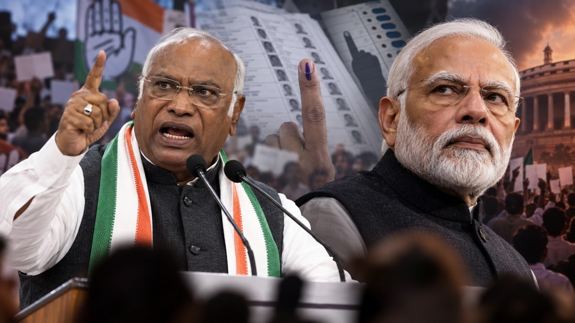 পাটনার সভায় নরেন্দ্র মোদিকে নিয়ে মল্লিকার্জুন খাড়গের বিতর্কিত মন্তব্য ঘিরে রাজনৈতিক সংঘাতের প্রতীকী কভার। ছবিতে খাড়গে ও মোদির প্রতিকৃতির সঙ্গে ভোটার তালিকা ও নির্বাচনী প্রতিবাদের প্রতীকী উপস্থাপনা।
