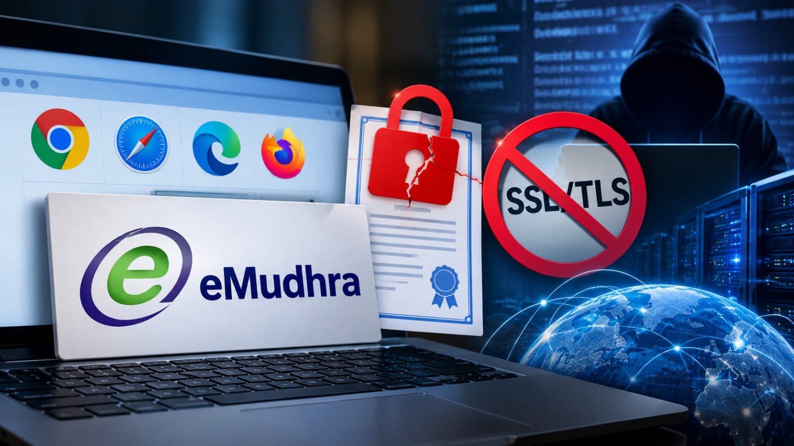 প্রতীকী ছবি : ই-মুদ্রার SSL/TLS ডিজিটাল সার্টিফিকেটের নিরাপত্তা ত্রুটি, ভাঙা তালা ও সাইবার নিরাপত্তা ঝুঁকির চিত্র।