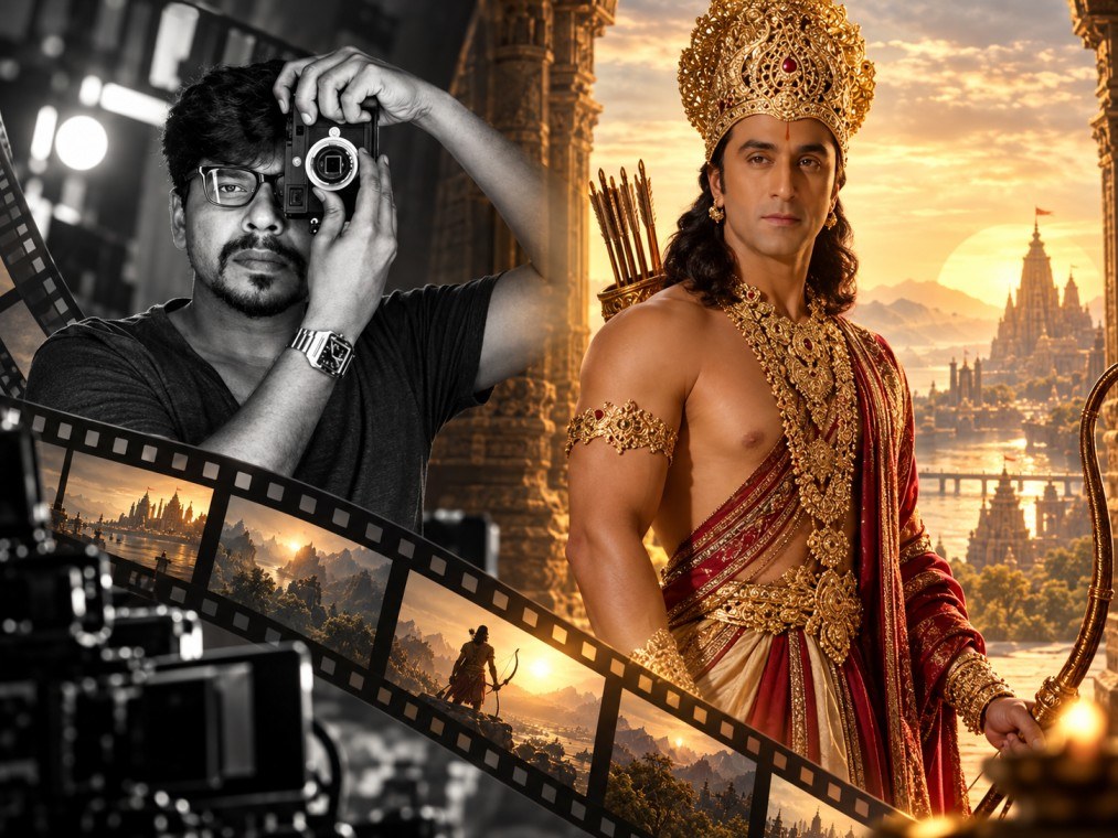 ‘রামায়ণ’-এর চিত্রগ্রাহক পঙ্কজ কুমারের সাদা-কালো প্রতিকৃতির পাশে রামের ভূমিকায় রণবীর কাপুর। ক্যামেরা, ফিল্মস্ট্রিপ ও পৌরাণিক দৃশ্যপটের মাধ্যমে ছবির নেপথ্য নির্মাণের প্রতীকী চিত্র।